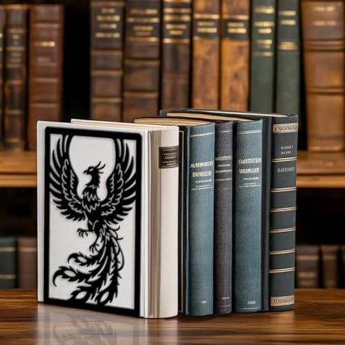 Peacoblue Metal Bookends for Shelves, Modern Decorative Heavy Duty Study Book Ends Stoppers for Office, Desk, Shelf, Room 5.3"x4.3"x7.9" Cast Iron Simple Tall Bookends 1 Pair (Phoenix) - style: Phoenix