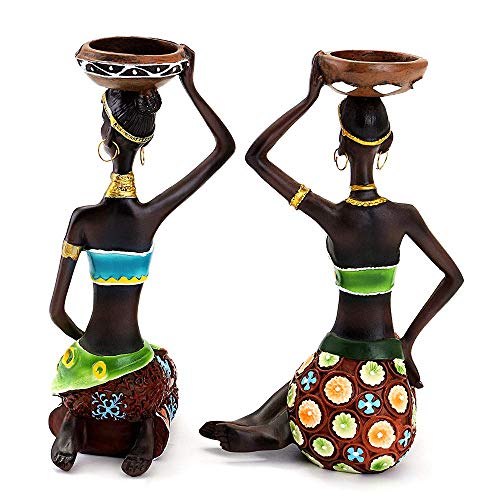 2 Pack African Women Sculpture,8.5in Black Tribal Lady Figure Figurine Candle Holder African American Women Statue Collectible Art Crafts Home Centerpieces Tabletop Ornaments Decoration Candleholder - color: A 2 Pack