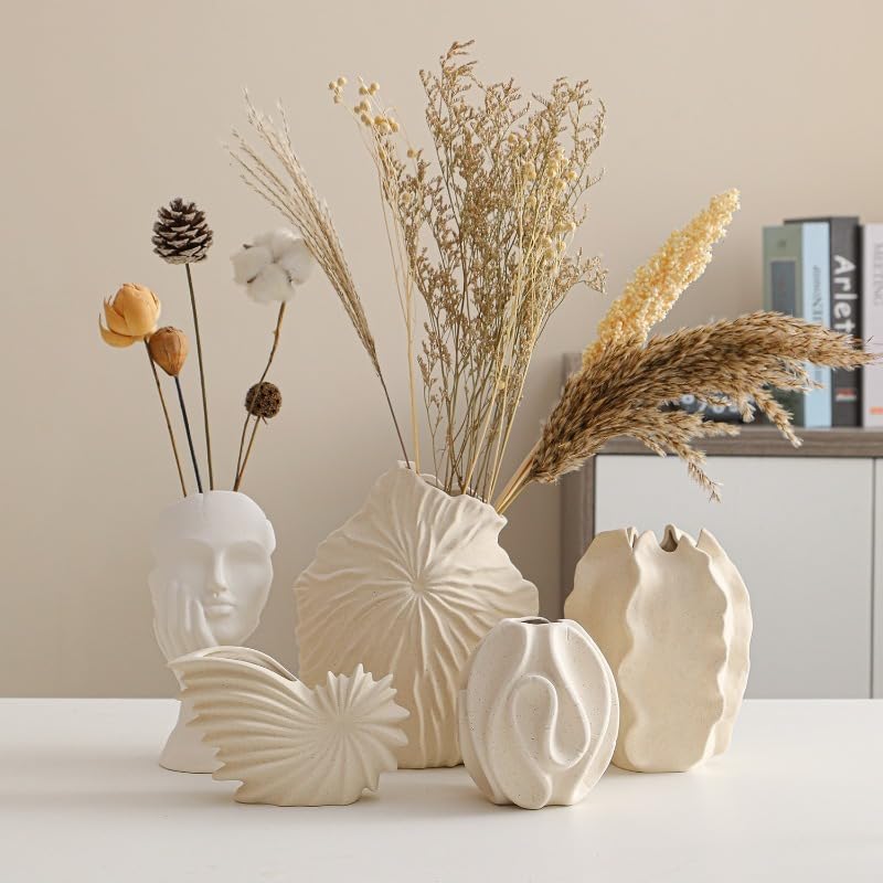 White Ceramic Vase – Nordic Minimalist Unglazed Stoneware Flower Vessel, Living-Room Centerpiece, Boho-Soft Furnishing Accent (01 (Small)) - color: 01 (Small)