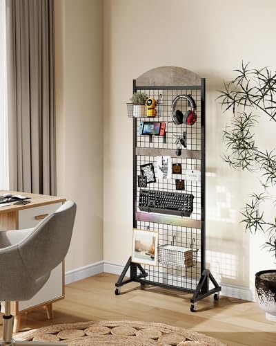 2 Packs Grid Wall Panel 5.7' x 2' FT Grid Display Rack with Wheels, Movable Gridwall Display Stand with 8 S-Shaped Hooks and 8 Garment Hooks, Floorstanding Wire Grid Rack, Greige and Black TCJ17P2BG - color: Greige and Black