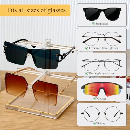 2-Tier Acrylic Sunglasses Display Stand, Clear Glasses Stand for 2 Pairs, Luxury Gold Trimmed Eyeglasses Holder for Oversized Frames & Reading Glasses, Compact Nightstand Desktop & Retail Counter - size: 1PC(2-TIER)