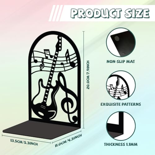 Peacoblue Metal Bookends for Shelves, Modern Decorative Heavy Duty Study Book Support Stoppers for Office, Desk, Shelf, Room 5.3"x4.3"x7.9" Cast Iron Tall Bookends, 1 Pair (Guitar and Music Note) - style: Guitar and Music Note