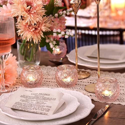 DARJEN 48Pcs Pink Votive Candle Holders- Round Candle Holders Bulk for Flameless LED Tea Waxes, Romantic Candle Holder for Wedding & Home Table Decor, Various Parties - color: Pink, size: 48PCS