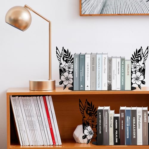 ENCIMART Bird Metal Bookends for Shelves Cute Flower Book Ends for Heavy Books Bookshelf Decorative Objects Office Home Desk Bookshelf Decor Book Lover Hummingbird Gifts for Women (Black) - color: Black Hummingbird