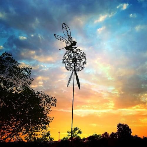 Fcteap Flower Fairy Dancing with Dandelion Garden Art Sculpture Stainless Steel Statue Christmas Halloween Decoration for Outdoor Yard Courtyard Lawn Patio Metal Ornaments (Hurdle) - style: Hurdle
