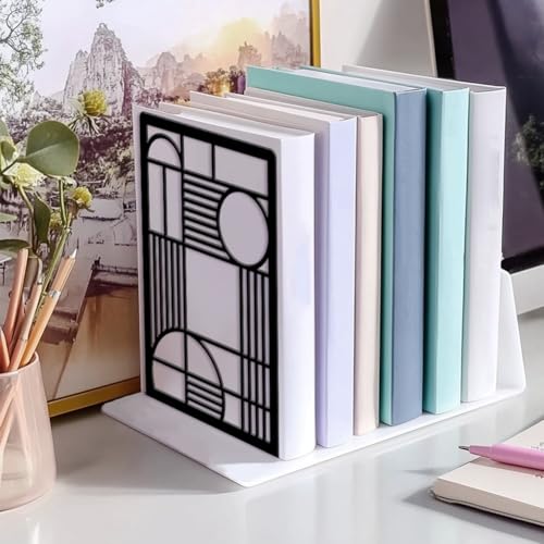 Peacoblue Metal Bookends for Shelves, Modern Decorative Heavy Duty Study Book Ends Stoppers for Office, Desk, Shelf, Room 5.3"x4.3"x7.9" Cast Iron Simple Tall Bookends 1 Pair (Geometry Lines) - style: Geometry Lines