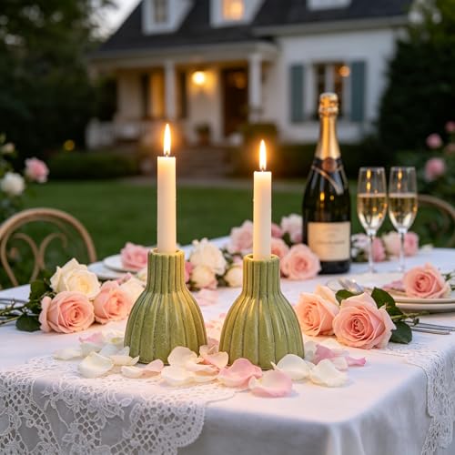 2PCS Vintage Ceramic Candle Holder Distressed White Ribbed Ceramic Candlesticks Stands for Table Desktop, Mantel, Home Decor 3.39" H - color: Olive Green