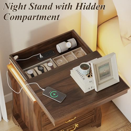 Nightstand with Hidden Compartment & Charging Station, Vintage Bedside Table with LED Lights, Night Stand with 4 Storage Drawers, Large Modern Nightstands Wood End Table for Living Room (Walnut)