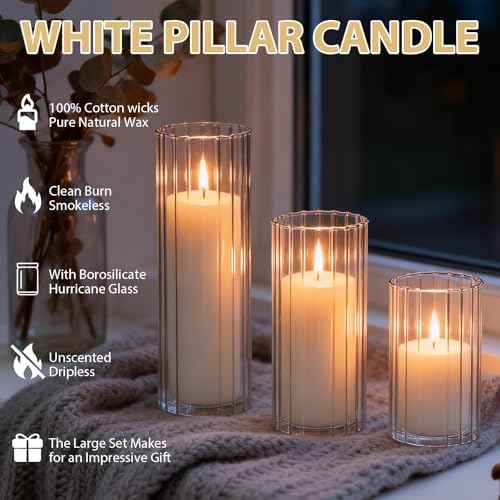 24 PCS White Pillar Candles (2" x3, 4, 6) with Ribbed Glass Cylinder Vases (2.6" x5, 6, 8), Hurricane Glass Candle Holders, Dripless Candles for Wedding Centerpieces, Home & Table Decor - size: 24