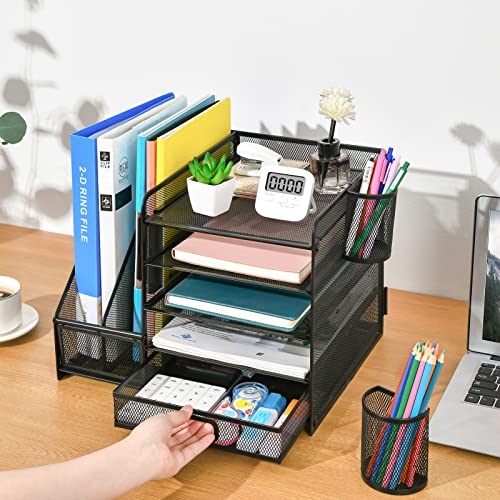 Marbrasse Desk Organizer with File Holder, 5-Tier Paper Letter Tray Organizer with Drawer and 2 Pen Holder, Mesh Desktop Organizer and Storage with Magazine Holder for Office Supplies(Black) - color: Black