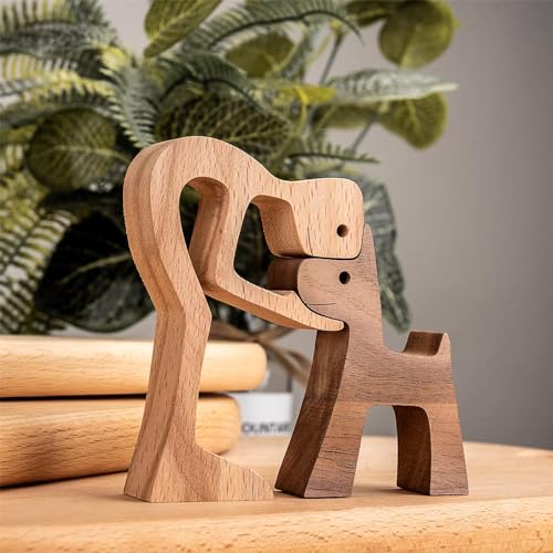 Men and Dog Figurines Decorativa Wooden Gift Home Décor Accents,Wood Sculpture Puppy and Human Statue Figurine Office Home Decor Sculpture,Wooden Puppy Figurines for Dog Lovers