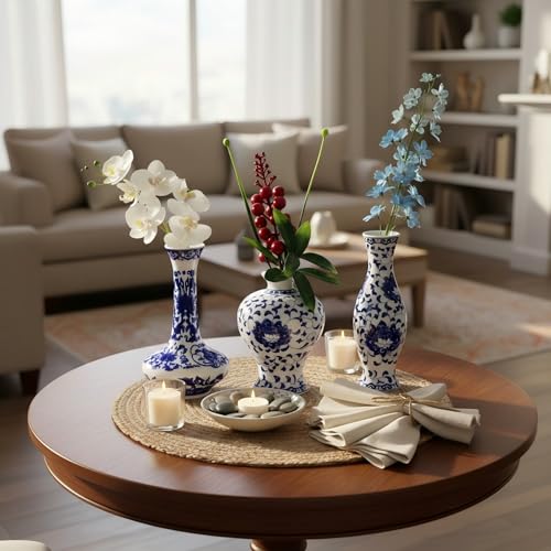 Blue and White Vase Set of 3, Cute Ceramic Bud vase in Bulk for Farmhouse Table Centerpiece Mini Vintage Vase for Rustic Wedding Decorations, Home Table Flower Decor - color: Blue & White Porcelain Set