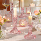 DARJEN 6Pcs Pink Candlestick Holders Set - 4" H & 5" H Striped Taper Candle Holders Bulk, Glass Candle Holders for Wedding, Festival, Party, Table Centerpiece, Gifts - color: Pink, size: Striped Pattern