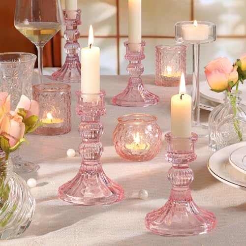 DARJEN 6Pcs Pink Candlestick Holders Set - 4" H & 5" H Striped Taper Candle Holders Bulk, Glass Candle Holders for Wedding, Festival, Party, Table Centerpiece, Gifts - color: Pink, size: Striped Pattern