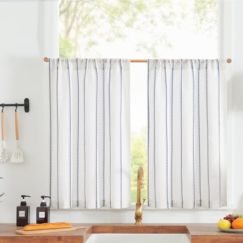 jinchan Linen Striped Kitchen Curtains Tier Cafe Curtains for Living Room Bathroom RV 24 Inch Farmhouse Rustic Half Window Treatment Light Filtering 2 Panels Blue on White - color: Cottage Striped Blue, size: 26"W x 24"L (Pack of 2)