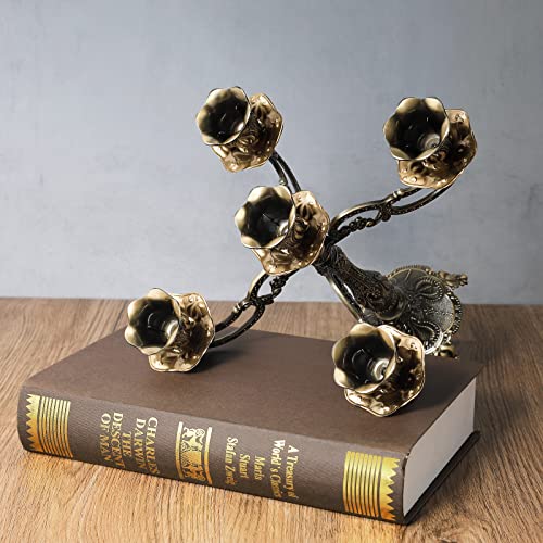 5-Candle Metal Candelabra 10.3 Inch Tall Candlestick Candle Holders for Home Decor Wedding Christmas Church Halloween Party,Bronze Tulip - color: Bronze-tulip