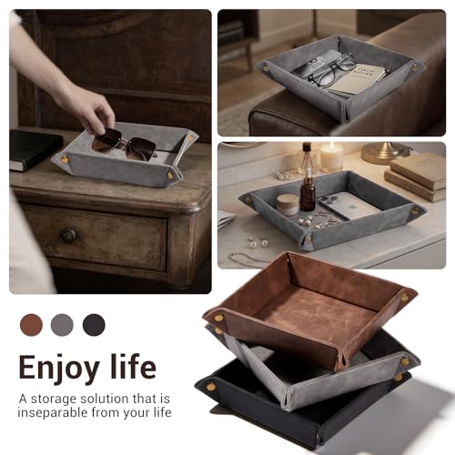CoBak Leather Valet Tray for Men, Premium PU Leather Catch-All Tray for Entryway Table Key, Phone, Wallet, Coins & Jewelry, Bedside Nightstand Desk-top Catchall (Gray) - color: Gray