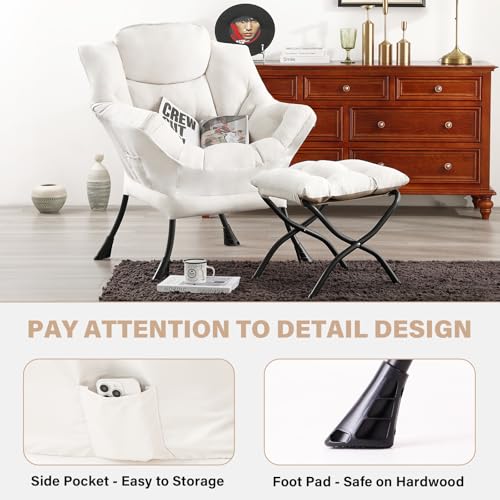 Tiita Lazy Chair with Ottoman, Beige Modern Large Accent Chair, Comfy Leisure Sofa Armchair with Ottoman, Reading Chair with Footrest for Bedroom, Living Room, Dorm Rooms, Beige - color: Peach Skin Beige