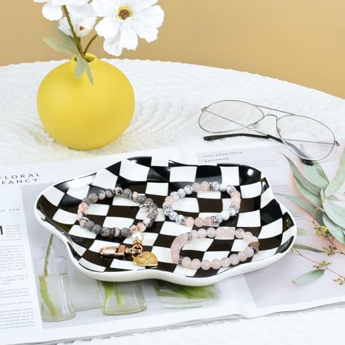 Koythin Jewelry Tray, Ceramic Jewelry Dish Trinket Tray Organizer, Checkered Pattern Aesthetic Decorative for Kitchen, Bathroom (Black and White Checkerboard) - color: Black and White Checkerboard