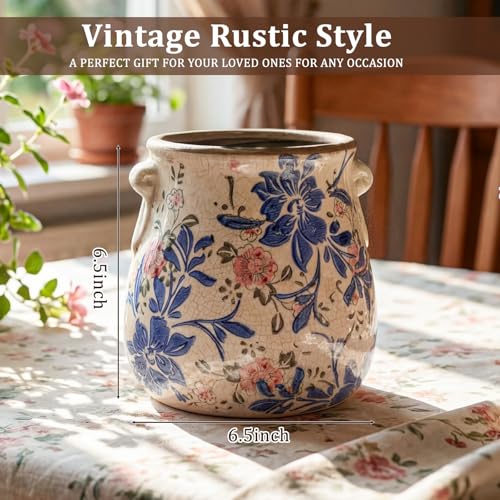 Ceramic Scroll Planter 6.5 Inch Chinoiserie Floral Vase with Drainage Holes Vintage Flower Vase Flower Pot Rustic Ceramic Pots for Indoor Plants Garden Home Bookshelf Decor(Blue, Red) - style: Blue, Red