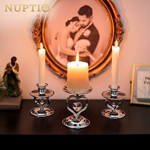 Nuptio Unity Candle Holder Silver Candlestick Holder for Pillar Taper Candles Metal Pillar Candle Holders Set of 3 Table Centerpiece for Wedding Anniversary Candlelight Dinner Decor - color: Silver, size: S+S+L