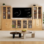 TUSY 71" TV Stand Storage Set - 2 Tall Bookcases & 2 Side Cabinets, Media Console with Glass & Wood Doors, Entertainment Center with Drawers, Tall Media Console for Living Room (Wood, ADDA) - color: Wood