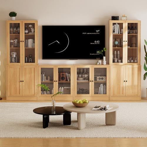 TUSY 71" TV Stand Storage Set - 2 Tall Bookcases & 2 Side Cabinets, Media Console with Glass & Wood Doors, Entertainment Center with Drawers, Tall Media Console for Living Room (Wood, ADDA) - color: Wood