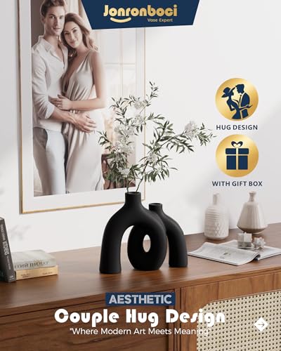 Matte Black Vase Set - Hug Hollow Donut Aesthetic Ceramic Vases Home Decor, Modern Nordic Minimalist Decorative Vase for Table Centerpiece Bookshelf Office Entryway Console Fireplace (Black) - color: Black