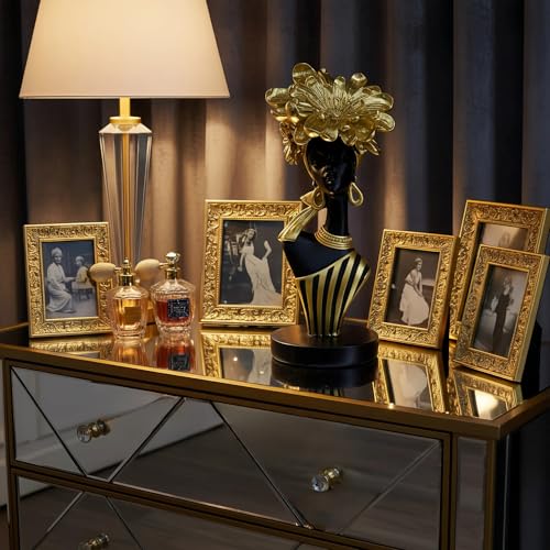 Lescafita African Woman Art Sculpture with Gold Floral Crown, Black and Gold Striped Statue,Elegant African-Inspired Art Gift suitable for various settings such as home, bookshelves, desks, or offices - color: 704-gold