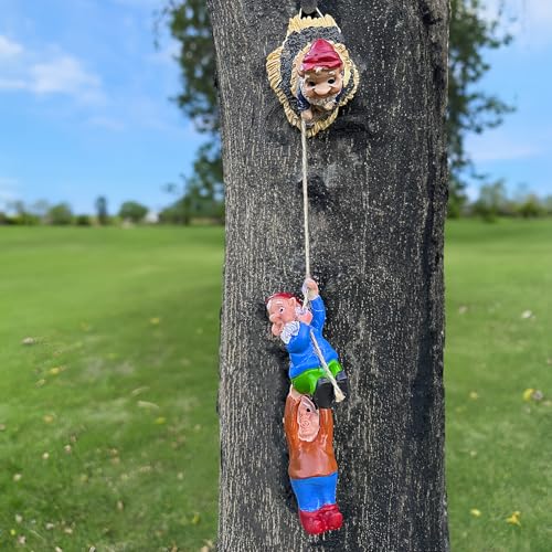 Teaeeno Gnome Climbing Tree and Tree Stump Decor,Garden Gnome Statue Set,Vivid Fairy Gnome Outdoor Sculpture,Whimsical Gnomes Miniature Figurines,Micro Gnome Landscape Figurine for Lawn Balcony Patio - color: Pink