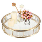 Hipiwe Gold Metal Perfume Tray - 12" Round Vanity Makeup Tray Jewelry Trinket Organizer Tray Coffee Table Decorative Tray Dresser Bathroom Tray with Acrylic Column Decor and Clear Glass Base