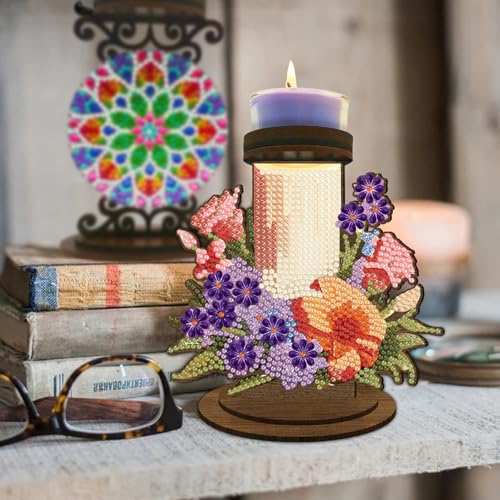 ARTopet DIY Diamond Art Painting Candlestick Holders Wooden Desk Candle Holder Ornament Double Sided Diamond Tabletop Ornaments for Home Decor-Flower Candle - color: Flower Candle