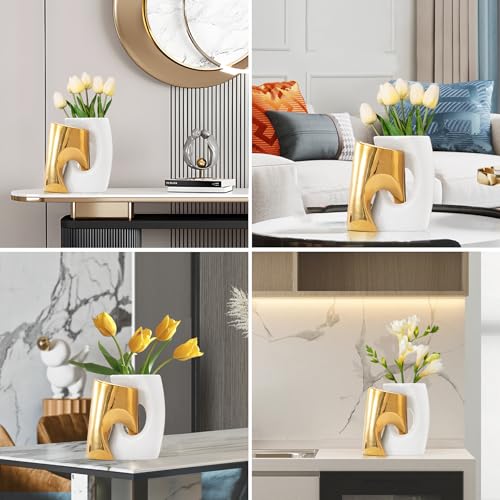 Gold and White Vases Set of 2, Ceramic Flower vase for Pampas Grass, Modern Gold Vases Home Decor, Snuggle Hollow Boho vase Table Centerpieces - color: Gold Cylinder