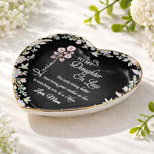 Personalized Jewelry Dish for Daughter in Law, Ceramic Trinket-Dish Heart Shape Ring Holder, Mother in Law Gift, Sentimental Keepsake Tray, Birth Floral Jewelry Organizer - color: Daughter In Law 127