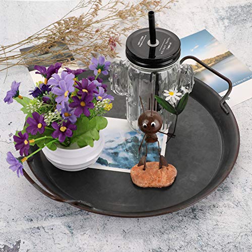 Hipiwe Industrial Style Metal Iron Tray Galvanized Serving Tray for Coffee Table, Home Decorative Centerpiece Tray Rustic Breakfast Serving Tray with Handles (Round) - style: Round