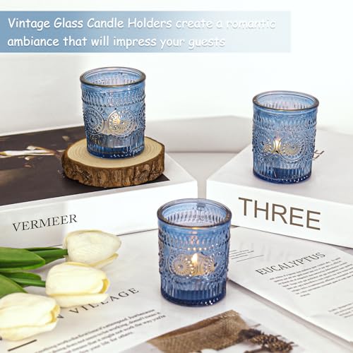 24 Pcs Blue Glass Votive Candle Holders, Tealight Candle Holders for Table Centerpieces, Vintage Candle Holder Bulk, Boho Wedding, Home, Bridal Shower, Birthday Party Table Decor (Blue) - color: Blue