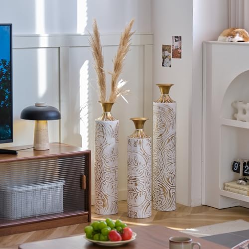 Floor Vases, Tall Home Decor Metal Vase Set of 3 Large Glazed Decorative Vases for Wedding Decor, Elegant Modern Flower Holder for Living Room, Entryway, Hallway, Dining Room - color: Ivory Vine Gold