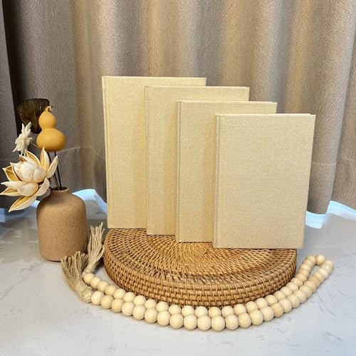 Linen Covered Decorative Books 4 Pieces, Neutral Home Decor Coffee Table Books with Wooden Beaded Tassel, Stacked Books for Rustic Farmhouse Modern, Boho, Bookshelf, Fireplace Mantel Décor, Beige - color: Beige
