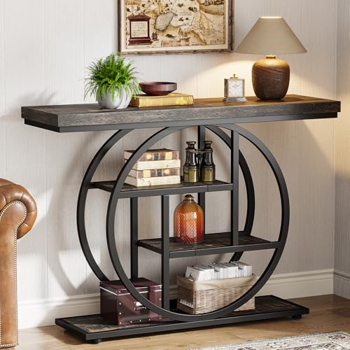 Tribesigns 41.3" Console Table, Industrial 4-Tier Sofa Table Entryway Table with Circle Base, Narrow Wood Accent Tables with Storage Shelves for Living Room, Hallway, Foyer, Charcoal Black - color: Charcoal Black