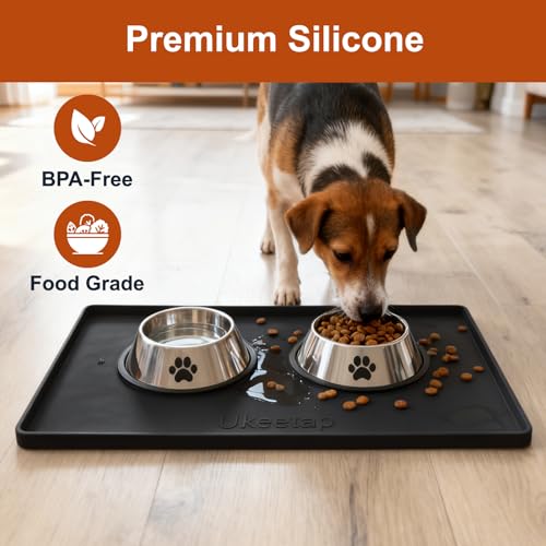 ukeetap Extra Thick Silicone Mat Waterproof with Raised Edge 19” x 12”, BPA Free Non-Slip Dog & Cat Food Mat, Feeding Mat for Food and Water Bowls, Spill Proof Mat to Protect Floors, Black - color: Black, size: 19" x 12"