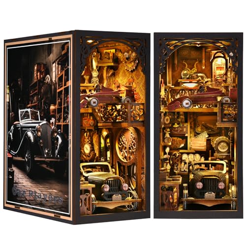 ETKVR Book Nook Kit, Book Nook Kits for Adults DIY Booknook Model Build, DIY 3D Wooden Puzzle Bookend Booknook Bookshelf Insert Miniature Dollhouse Kit for Home Decoration - style: Car Players