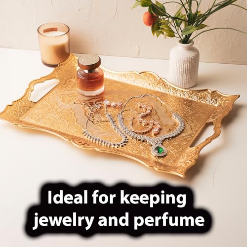 Large Gold Turkish Tea Coffee Serving Table Tray Decorative Home Decor Handles - Party Bar Outdoor Dresser Dessert Fancy Metal Rectangle Kitchen Brass Moroccan Bathroom Vanity Gift Tray