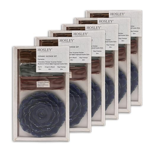 Hosley Incense Sticks Gift Set Each Includes 60 Incense Sticks & a Flower Ceramic Holder - Bathroom Set for Home, Weddings, Meditation, Spa, Bathroom Use - 6 Sets - color: Blue-6f