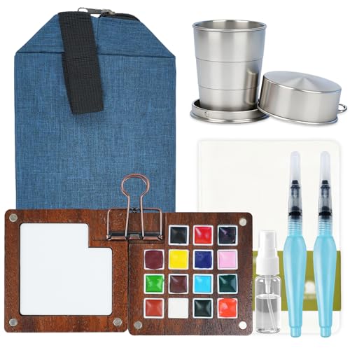 Mini Watercolor Paint Set,Portable Travel Watercolor Set,Pocket Watercolor Kit with Paint, Brush, Sketchbook & Metal Clip, Paint Water Cup and Crossbody Bag for Beginners, Painting Artists