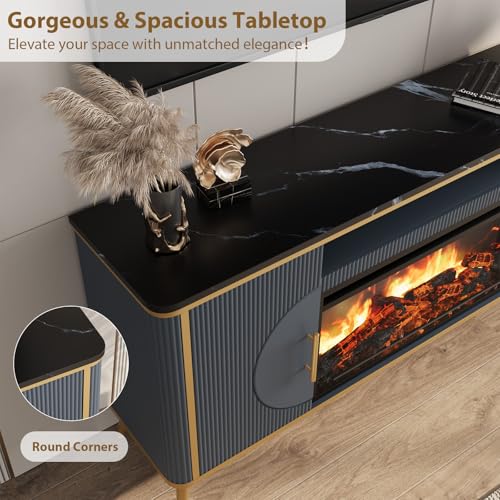 Fluted Fireplace TV Stand Up to 80" TVs, Modern Entertainment Center with 30" Electric Fireplace, Luxury Media Console with Adjustable Shelves for Living Room, Navy Blue - color: Navy Blue
