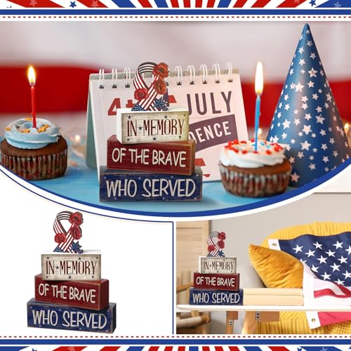 CroBlissful 4 Pcs Memorial Day Table Decorations Patriotic Tabletop Decorations Red White Blue Fourth of July Table Centerpieces Sign for Office Tiered Tray Home Shelf 250th Anniversary - style: Ribbon