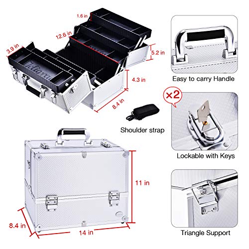 Joligrace Extra Large Makeup Train Case 6 Tray Make Up Artists Organizer Box Lockable Cosmetic Jewelry Toiletries Carrier Crafters Tool Cases with Adjustable Dividers & Shoulder Strap - Silver - color: Silvery White