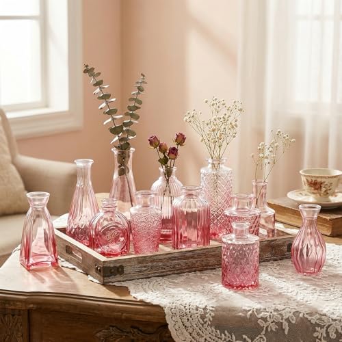 12 Pack Pink Glass Bud Vase Set, Small Vintage Vases for Centerpieces, Decorative Flower Vases for Wedding Home Table Decor - color: Pink, size: 12pcs