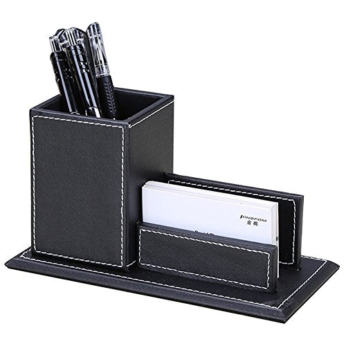 KINGFOM PU Leather Desk Organizer and Accessories, Pencil Holder for Desk with Business Cards Stand, School Office Supplies Collection Caddy Black - color: Black-M