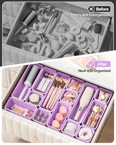 Canfanni 13 Pack Plastic Drawer Organizers Set, 3 Sizes Desk Drawer Organizer Trays for Vanity and Makeup Organizer, Organization and Storage for Makeup, Kitchen Utensils, Bathroom and Office(Purple) - color: Purple